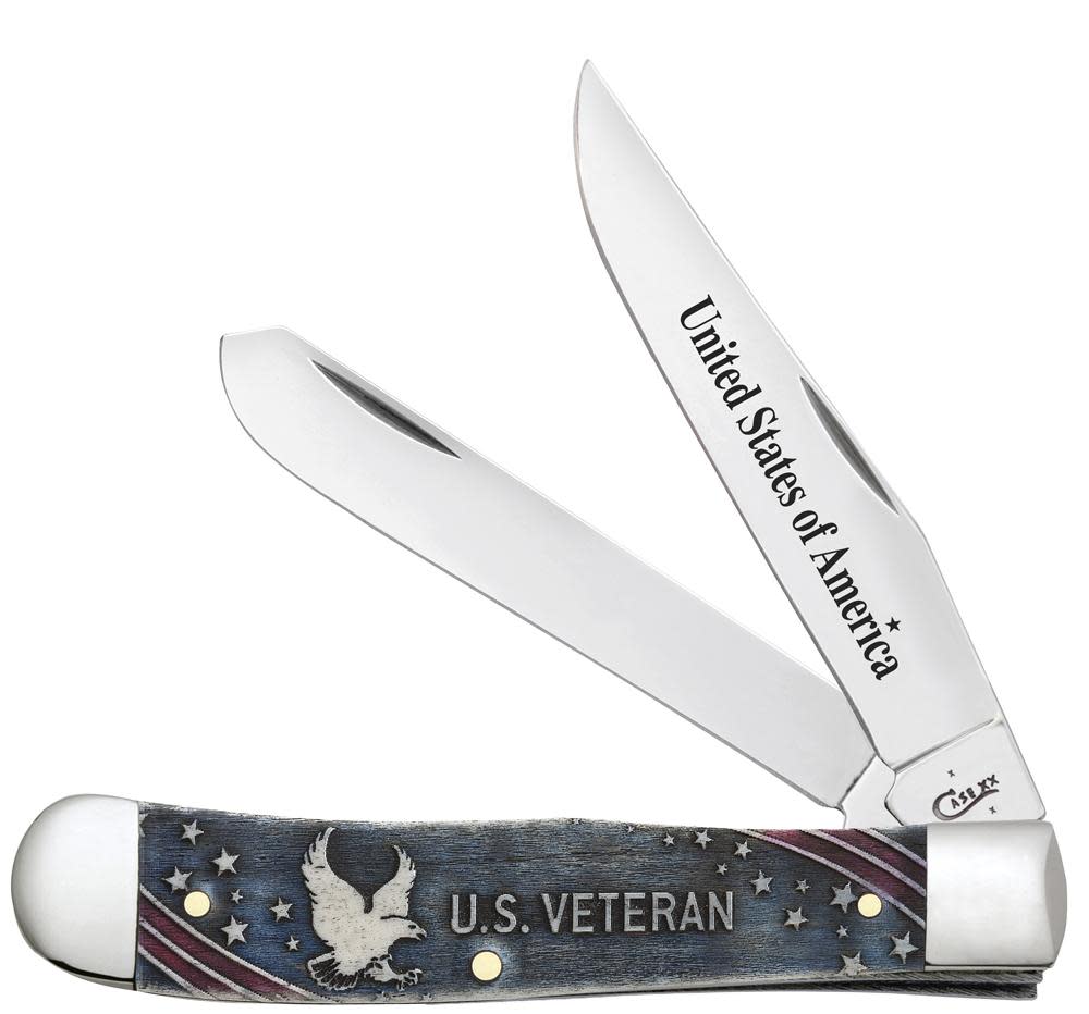 U.S. Veteran Gift Set Embellished Smooth Natural Bone with Blue and Red Color Wash Trapper (In Velvet Box) - Case Knife - 16300