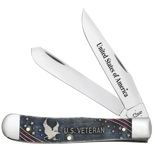 U.S. Veteran Gift Set Embellished Smooth Natural Bone with Blue and Red Color Wash Trapper (In Velvet Box) - Case Knife - 16300