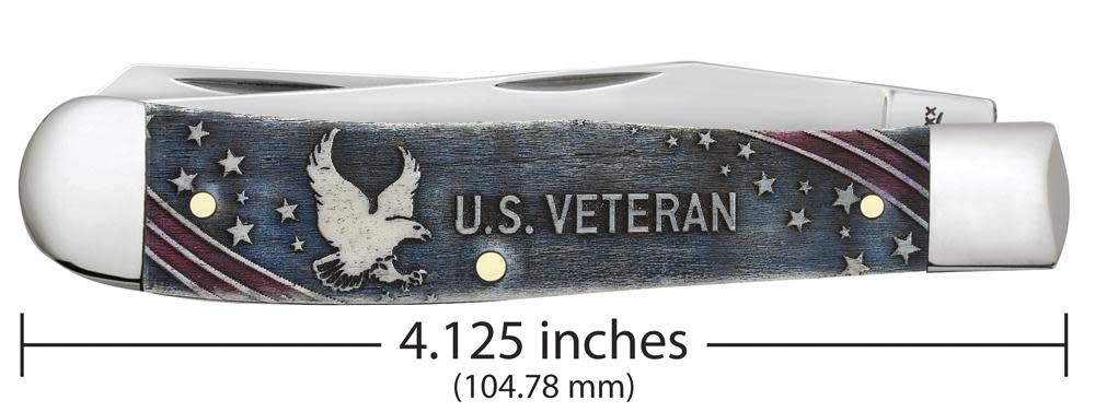 U.S. Veteran Gift Set Embellished Smooth Natural Bone with Blue and Red Color Wash Trapper (In Velvet Box) - Case Knife - 16300